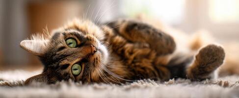 The adorable domestic cat resting comfortably on a cozy carpet. photo