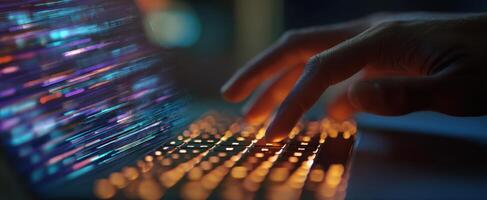 The vibrant keyboard illuminated by dynamic light during typing on a laptop. photo