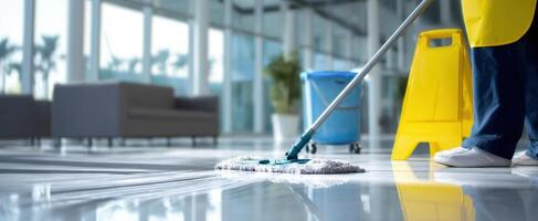 The professional cleaner mopping a shiny floor in a modern office space. photo