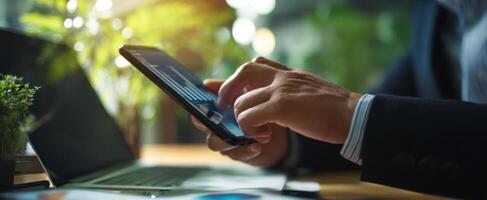 The professional using a smartphone for business analytics in a modern workspace. photo
