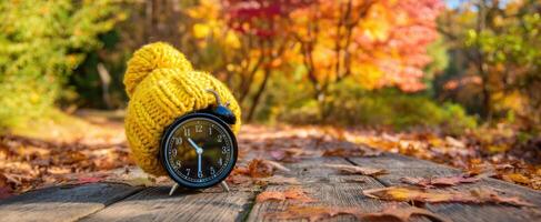 The vintage clock wearing a cozy yellow hat in an autumn landscape. photo