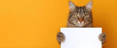 The playful cat holding a blank sign against a vibrant orange background. photo