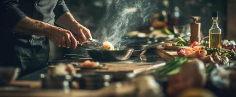 The chef skillfully prepares a delicious meal in a contemporary kitchen setting. photo