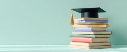 The graduation cap resting upon a colorful stack of textbooks on a desk. photo
