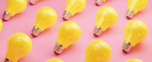 The vibrant collection of yellow lightbulbs on a pink background. photo