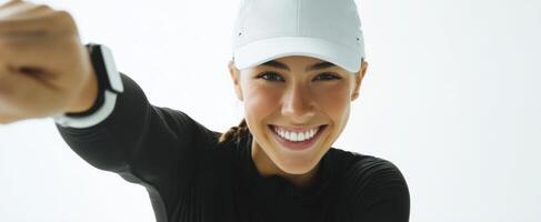 The athlete radiating joy and determination through her energetic smile. photo