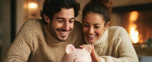 The smiling couple saving money together with a piggy bank in a cozy setting. photo