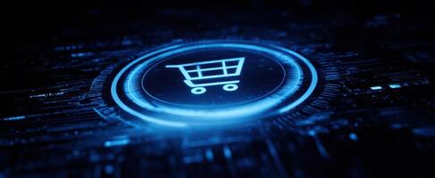 The Digital Shopping Cart Icon Glowing on a Futuristic Background photo