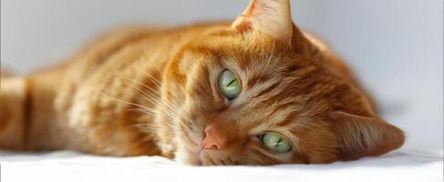 The adorable ginger cat relaxing peacefully on a soft surface. photo