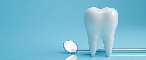 The Clean Tooth with Dental Mirror on Blue Background photo