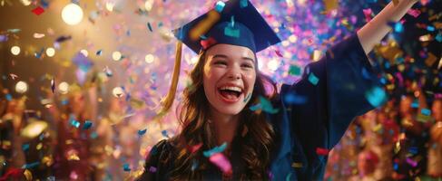 The joyful graduate celebrating success with confetti and a beaming smile. photo