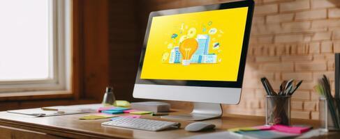 The creative workspace featuring a modern computer and vibrant yellow design elements. photo