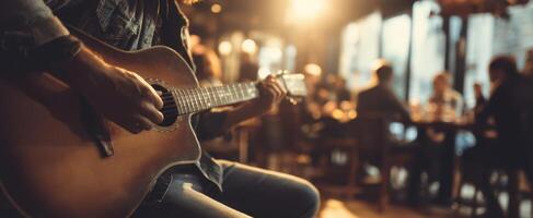 The passionate musician playing guitar in a lively cafe atmosphere. photo