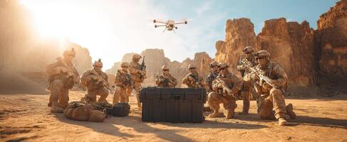 The soldiers preparing for a critical mission in a desert environment with drone support. photo