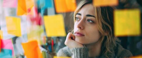 The woman reflecting thoughtfully amid colorful sticky notes in an inspiring workspace. photo
