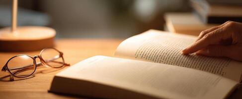 The hand gently turning pages of an open book on a wooden desk. photo