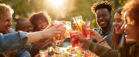 The joyful celebration of friends toasting with colorful drinks outdoors. photo