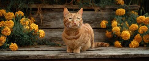 The portrait of a curious orange cat among vibrant marigold flowers. photo