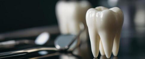 The dental tooth model surrounded by various dental instruments on a reflective surface. photo