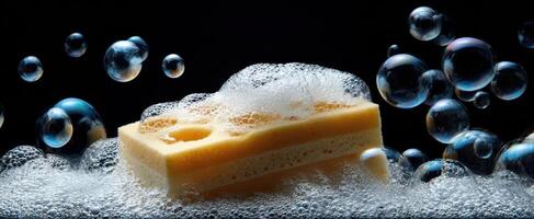 The sponge immersed in bubbles creating a refreshing cleaning scene. photo