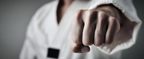 The powerful fist of a martial artist demonstrating strength and determination. photo