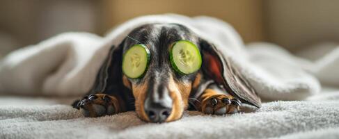 The pampered dachshund enjoying a relaxing spa day with cucumbers. photo