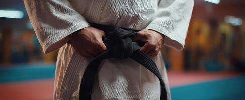 The focused athlete ties a black belt in a judo training session. photo