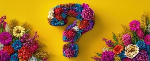 The Question Mark Formed by a Vibrant Floral Arrangement on a Yellow Background photo