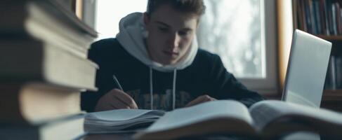 The student engaged in focused study with books and a laptop. photo
