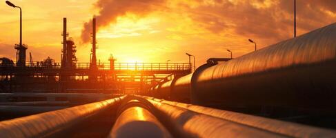 The industrial pipeline system against a stunning sunset backdrop. photo