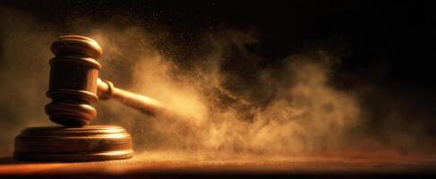The gavel striking down in a dramatic courtroom setting photo
