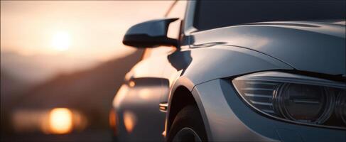 The sleek car reflecting the beautiful sunset over the distant mountains. photo
