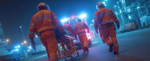 The emergency responders carry a stretcher towards an ambulance at night. photo