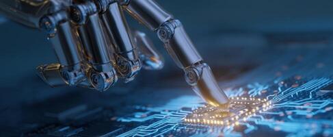 The robotic hand interacting with a microchip in a futuristic setting. photo