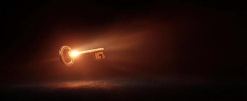 The Illuminated Key Floating in a Mysterious Dark Environment photo