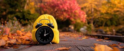 The vintage alarm clock adorned with a cozy yellow hat in autumn leaves. photo