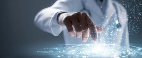 The doctor's hand interacting with a futuristic digital interface. photo