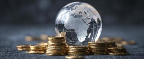 The globe atop golden coins representing global finance and economic growth. photo