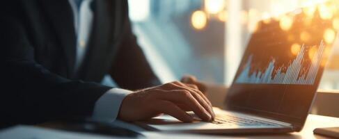 The business professional analyzing data on a laptop with performance graphs. photo