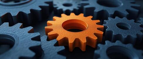 The orange gear standing out among gray gears in an industrial setting. photo