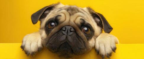 The adorable pug with a playful expression against a vibrant yellow backdrop photo