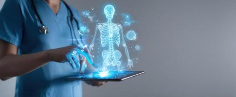 The healthcare professional interacting with a holographic skeleton display on a tablet. photo