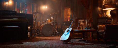 The cozy guitar resting in a vintage music studio setting. photo