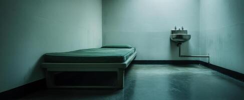The stark simplicity of a prison cell with a single bed and sink. photo