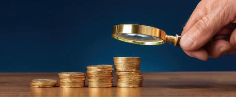 The hand examining coins with a magnifying glass for financial analysis photo