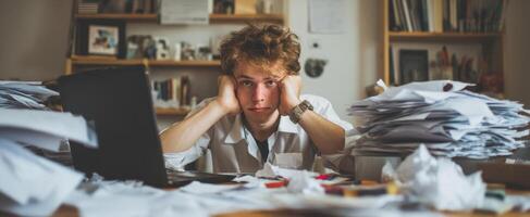 The overwhelmed student surrounded by piles of paperwork and a laptop. photo