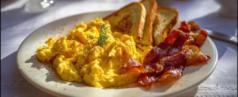 The delicious scrambled eggs with crispy bacon and toast on a breakfast plate. photo