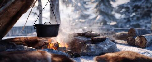 The warm pot simmering over an inviting campfire in a snowy landscape. photo