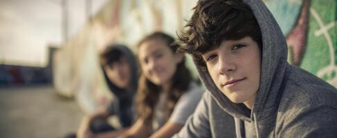The confident young man enjoying time with friends in an urban setting. photo
