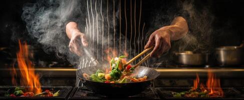 The chef skillfully stir-frying fresh vegetables in a sizzling wok. photo